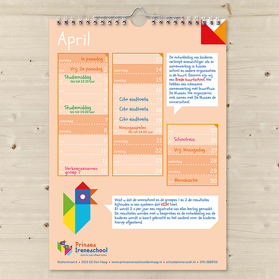 Kalender, Schoolkalender, maand april, Prinses Ireneschool, wire-o binding
